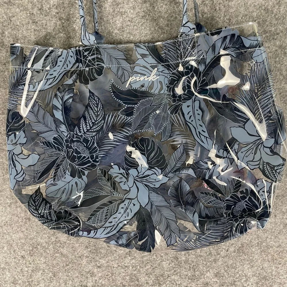 Victoria's Secret PINK Clear Tropical Floral Tote Bag Blue Beach Bag with Pouch - Picture 5 of 12